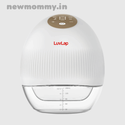 Mom wearing the LuvLap Glory hands-free breast pump under a nursing bra